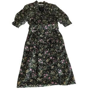 VTG Stanley Platos Women Floral Dress Sz 6 Belted Puff Sleeve VNeck Knee length